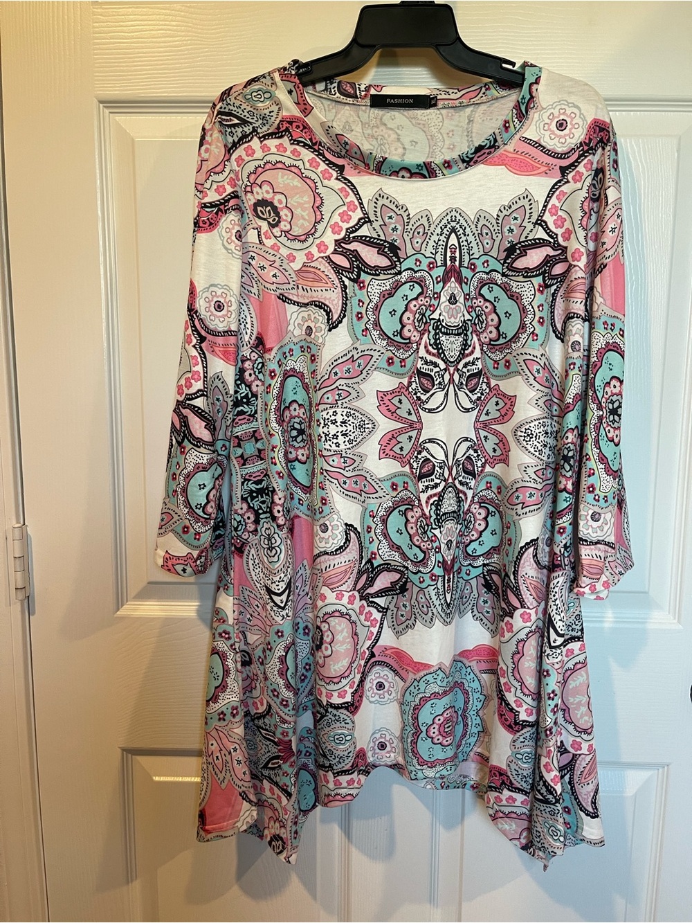 Fashion XL Tunic Paisley Print Boho Top in Pink & Aqua 3/4 Sleeves
